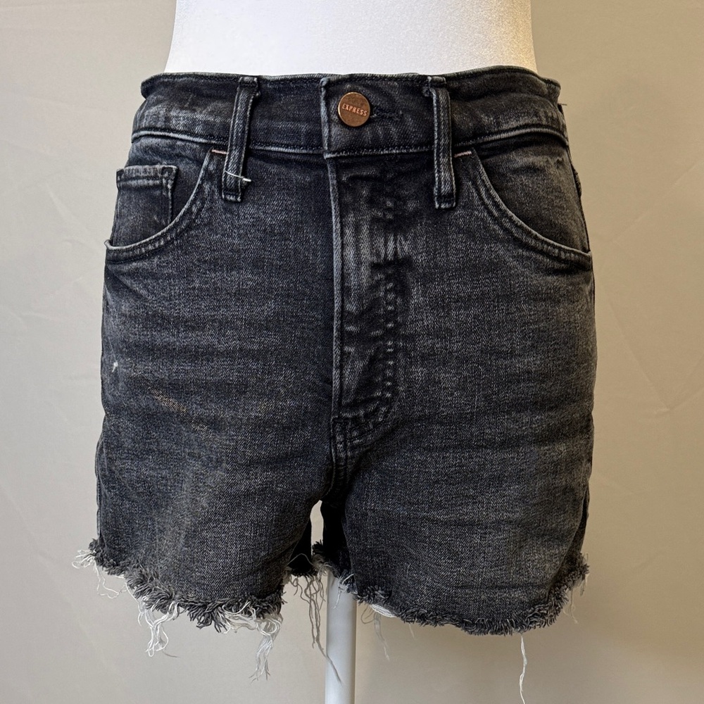 Express Washed Black Frayed Hem Denim Shorts
